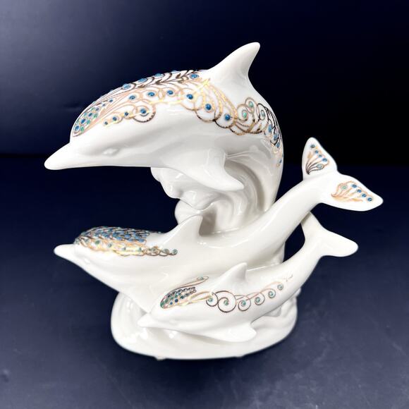 Vintage 1996 Lenox China Jewels Collection 3 Frolicking Dolphins Figurine 8" - Picture 2 of 10